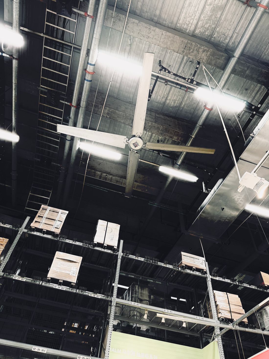 Industrial warehouse with exposed steel roof framing