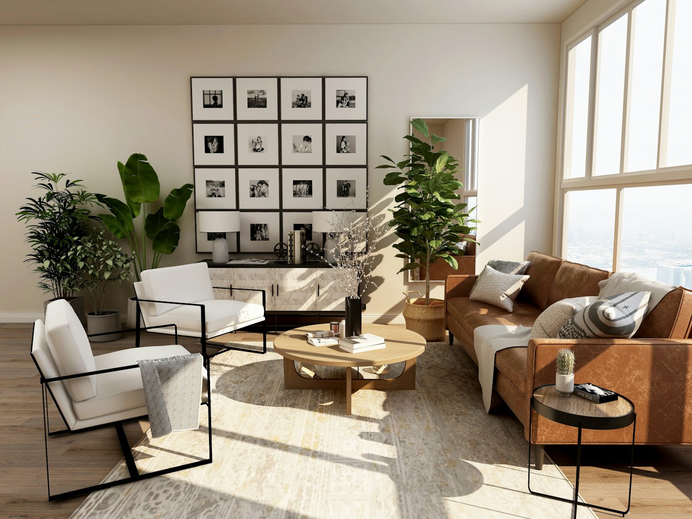Warm living room with floor-to-ceiling windows